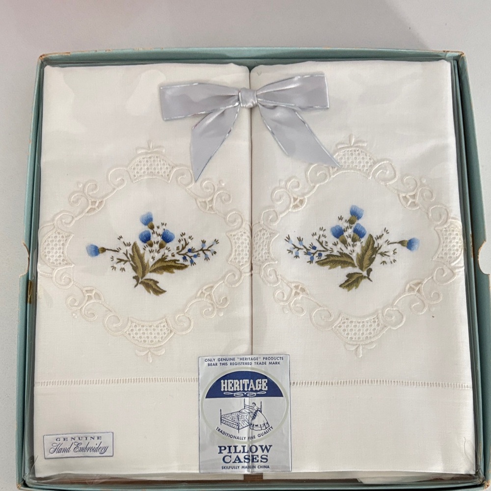 Vintage Heritage White Pillow Cases with Blue Floral Embroidery- new in box